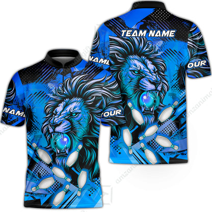 Custom Bowling Team Jerseys Shirts, Bowling uniforms Ball & Pins Lion Pattern Personalized Name And Team Name