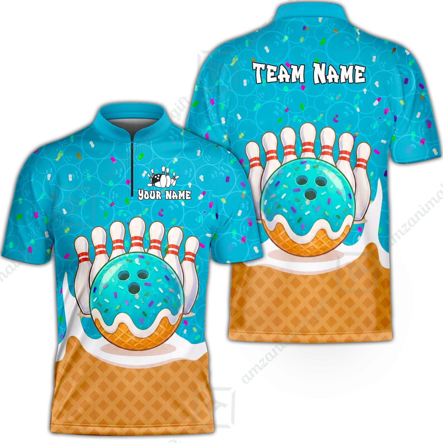 Custom Bowling Jersey Polo Shirt, Bowling Sprinkles Ice Cream Cone, Personalized Name & Team Name