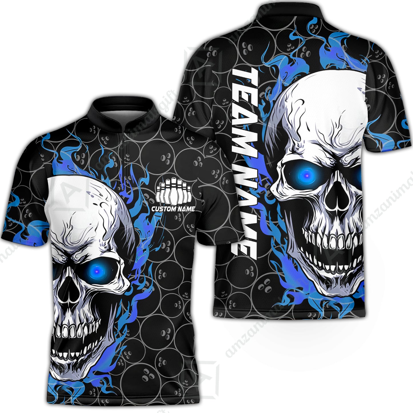 Personalized Bowling Unisex Polo Shirt, Green Flaming Skull Shirt For For Team Men Women Bowlers