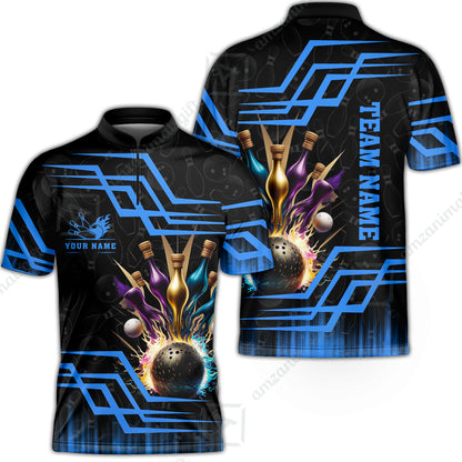 Customized Bowling Unisex Polo, Bowling And Pins Royal Multicolor Option Customized Name And Team Name For Bowling Team