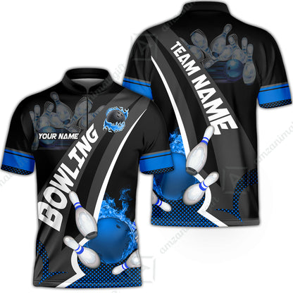 Customized Bowling Polo, Bowling And Pins Plame Premium Multicolor Option Personalized Name And Team Zipper Polo Jerseys Shirts