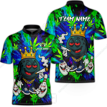 Custom Bowling Team Flat Neck Zip Jersey Shirt, King Smoke Tie-Dye Personalized Team Shirt, Custom Name and Team Name for Bowlers
