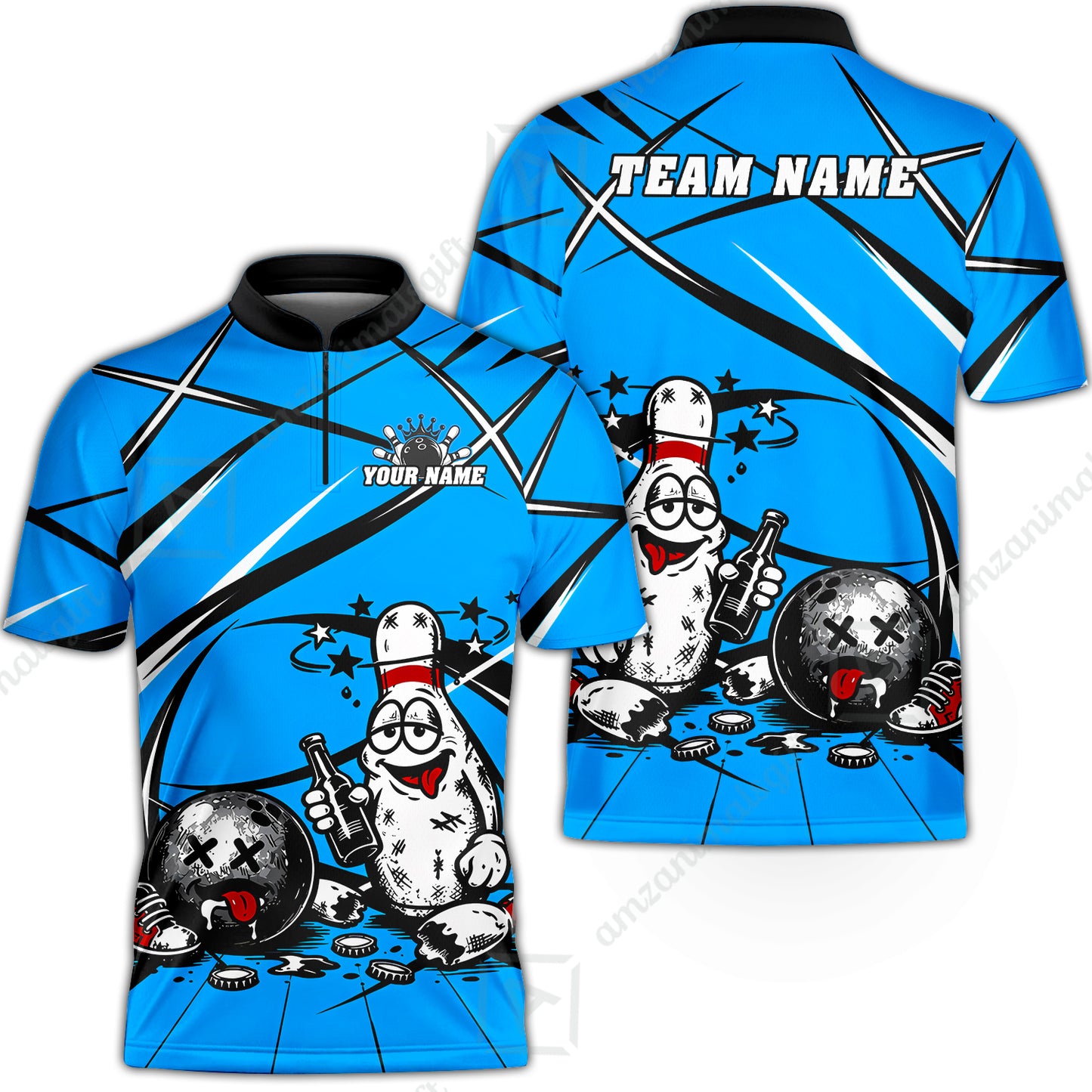 Custom Bowling Jersey Polo Shirt, Drunk Bowling Pin And Ball, Custom Bowling Jersey Team Shirt For Players With Name & Team Name
