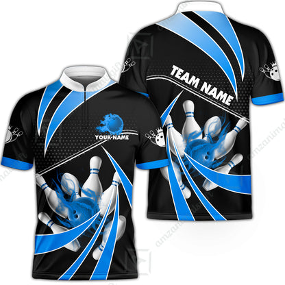 Customized Bowling Team Jersey, Bowling Ball & Pins Fire Light Sport Quarter-Zip Jersey Shirt Multicolor Option For Bowlers
