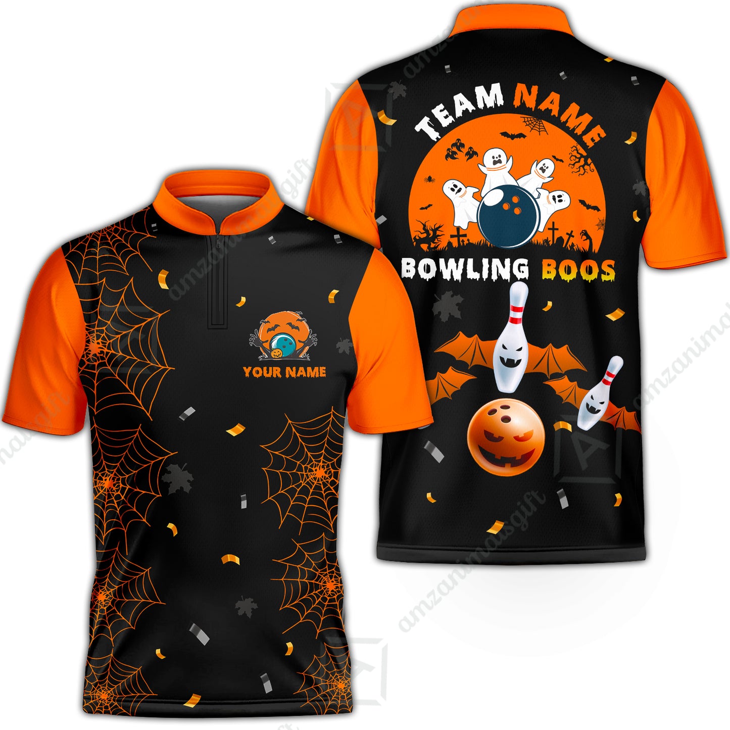 Customized Bowling Ball Halloween Moon Bowling Jersey, Bowling uniforms Bowling And Boos Funny Halloween Ghost Quarter-Zip Polo Shirts