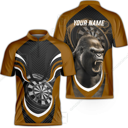 Gorilla And Darts Custom Name Men Polo Shirt, Bullseye Dartboard Brown Personalized Men Polo Shirt Gift For Darts Lovers, Team, Friends