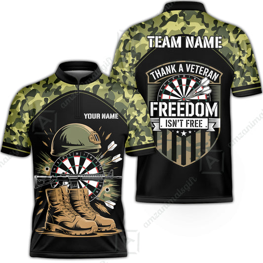 Custom Military Green Camouflage Dartboard Collar Quater-Zip Jersey Team Shirts, Customized Name Team Name Darts Team Jerseys Uniform