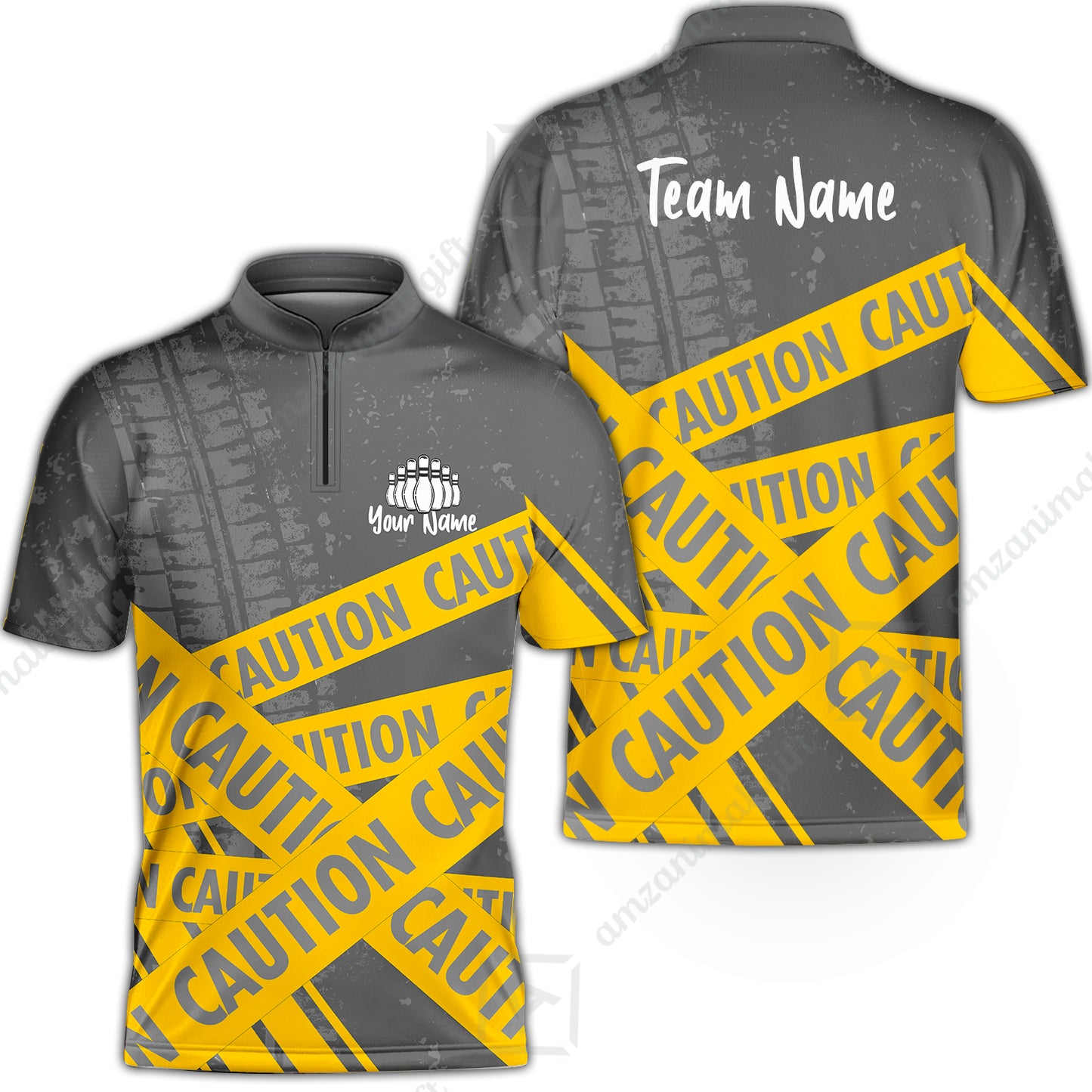 Custom Caution tape Bowling Team Jerseys Polo Shirts, Bright Yellow CAUTION Tape Bowling uniforms - Bowling Personalized Name And Team Name