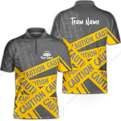 Custom Caution tape Bowling Team Jerseys Polo Shirts, Bright Yellow CAUTION Tape Bowling uniforms - Bowling Personalized Name And Team Name