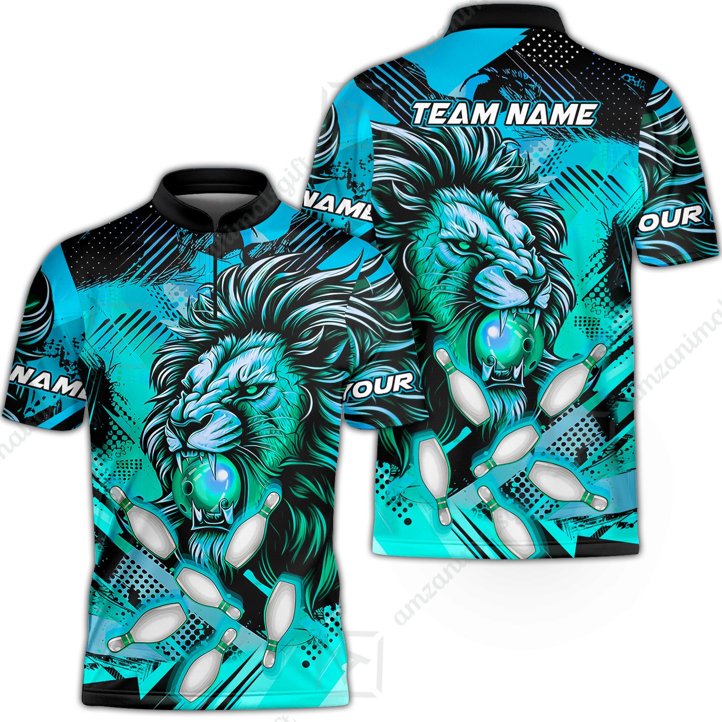 Custom Bowling Team Jerseys Shirts, Bowling uniforms Ball & Pins Lion Pattern Personalized Name And Team Name