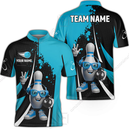 Customized Bowling Unisex Polo Shirt, Halftone Bowling Pin Wearing Headphones Sunglasses, Personalized Name And Team Name