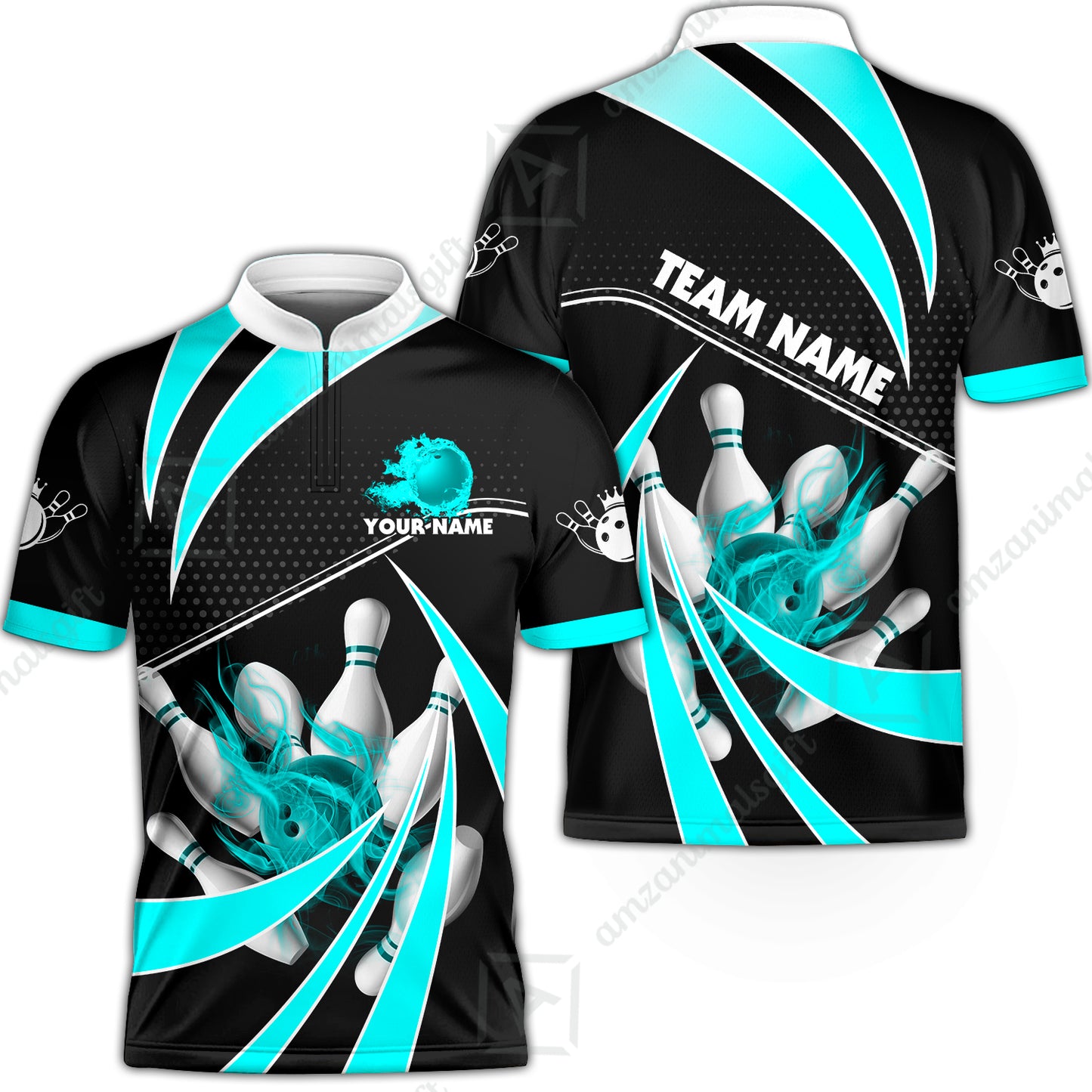 Customized Bowling Team Jersey, Bowling Ball & Pins Fire Light Sport Quarter-Zip Jersey Shirt Multicolor Option For Bowlers