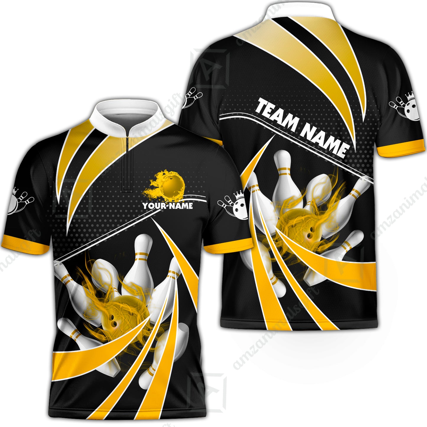 Customized Bowling Team Jersey, Bowling Ball & Pins Fire Light Sport Quarter-Zip Jersey Shirt Multicolor Option For Bowlers