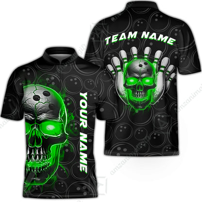 Customized Bowling Team Jersey Skull Flaming In Bowling Pattern Personalized Name Team Name Quarter-Zip Jerseys For Bowlers