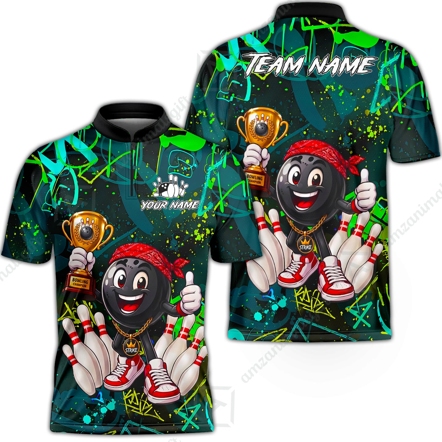 Custom Bowling Jersey Polo Shirt, Graffiti Champion, Custom Bowling Jersey Team Shirt For Players With Name & Team Name