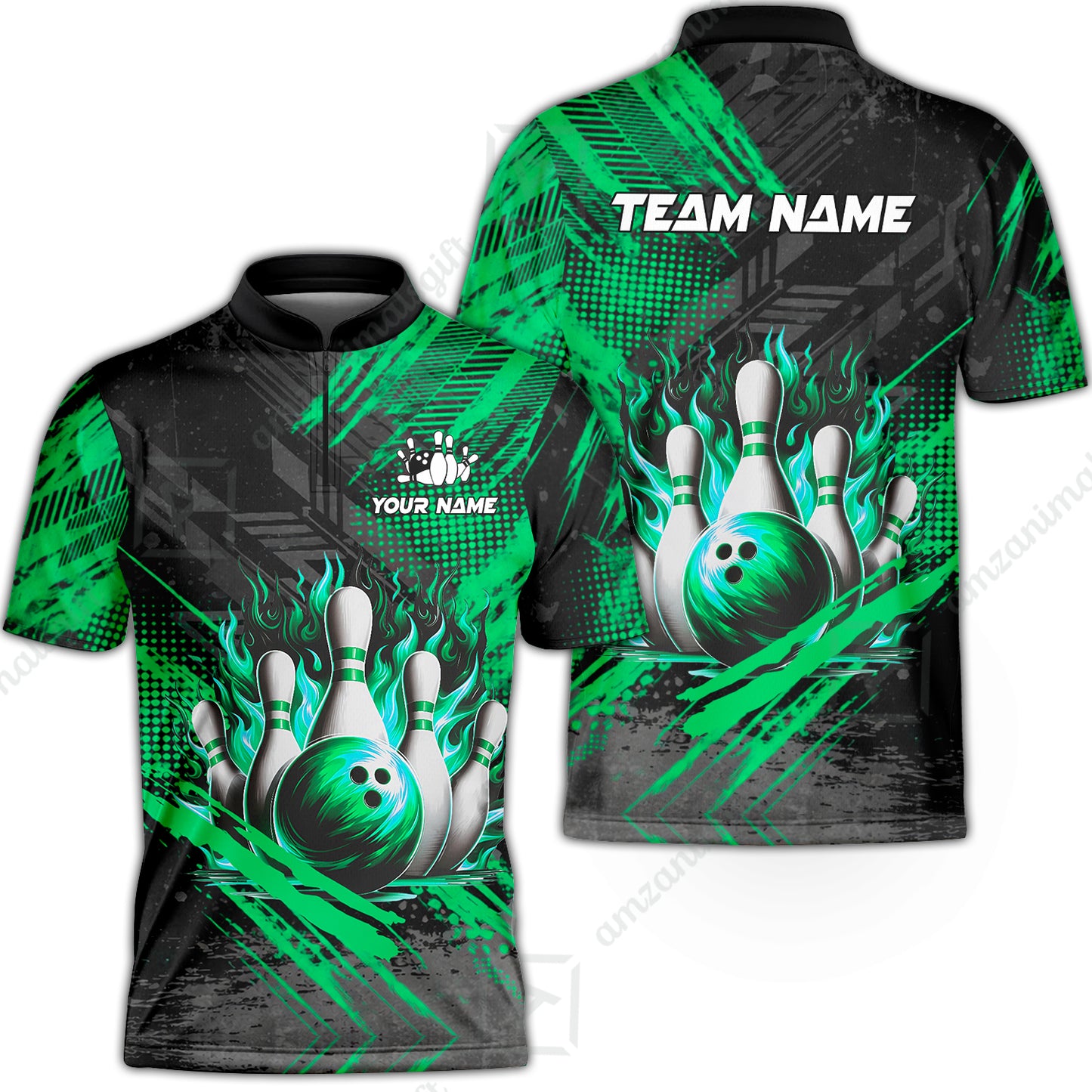 Custom Bowling Team Quarter-Zip Polo Shirt, Personalized Flame Bowling Jersey with Name & Team Name for Men & Women