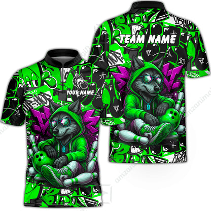 Custom Bowling Jersey Polo Shirt, Badass Wolf Mascot Bowling, Custom Bowling Jersey Team Shirt For Players With Name & Team Name