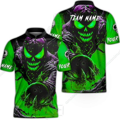 Custom Bowling Team Flat Neck Zip Jersey Shirt, Devil’s Strike Devil’s Strike Power Bowling Edition, Personalized Team Shirt with Custom Name