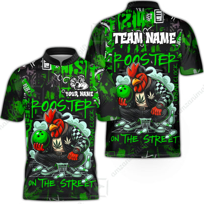 Customized Bowling Unisex Polo Shirt, Urban Streetwear Chicken Bowling Rooster On The Street, Personalized Name Team Name
