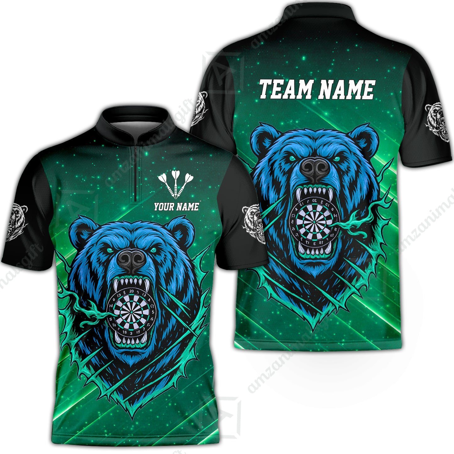 Customized Darts Team Uniform Shirt, Personalized Furious Bear Darts Collar Quarter-Zip Shirt with Name & Team Name