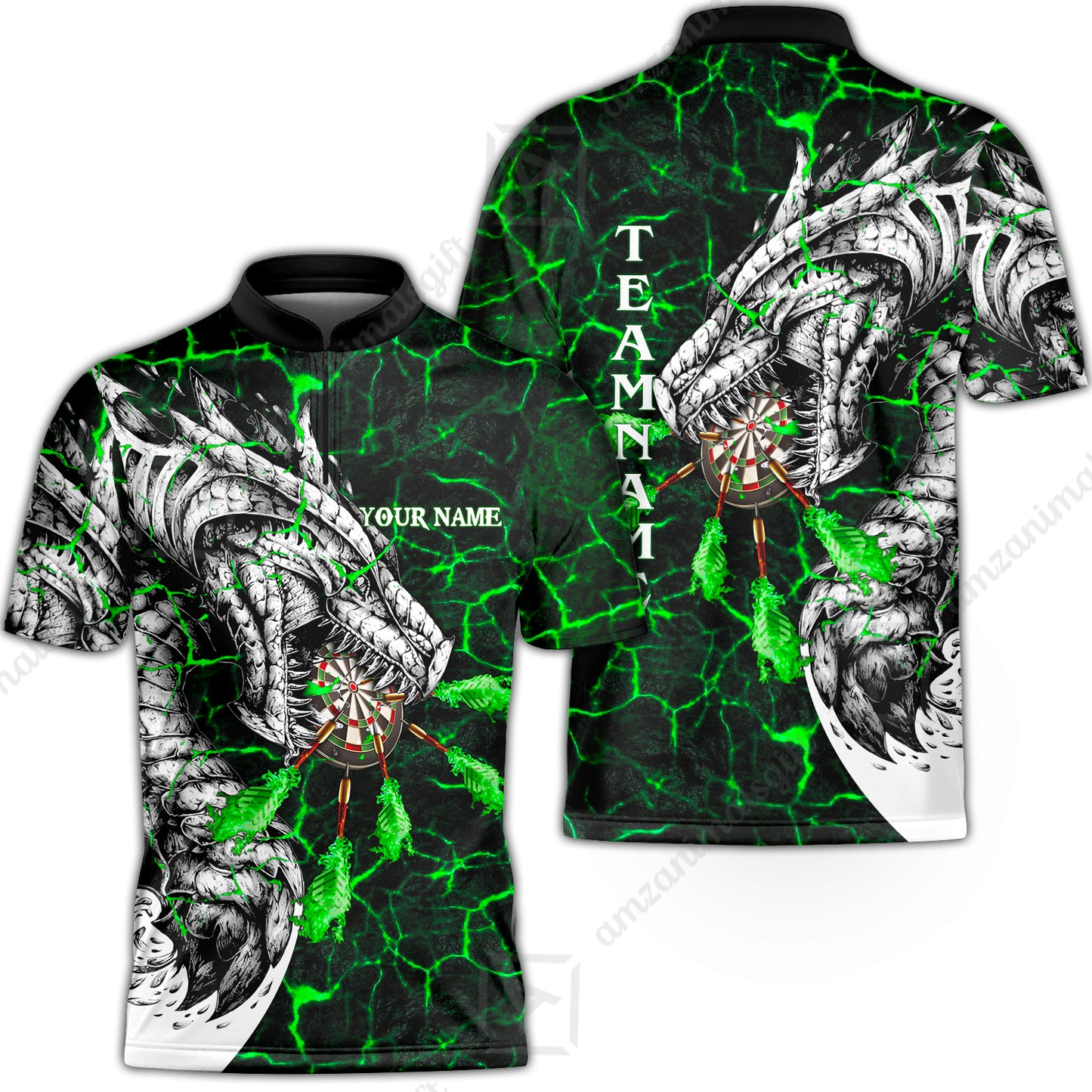 Customized Darts Team Flat Neck Zipper Jersey, Darts And Dragon With Magma Personalized Team Shirt For Darts Players