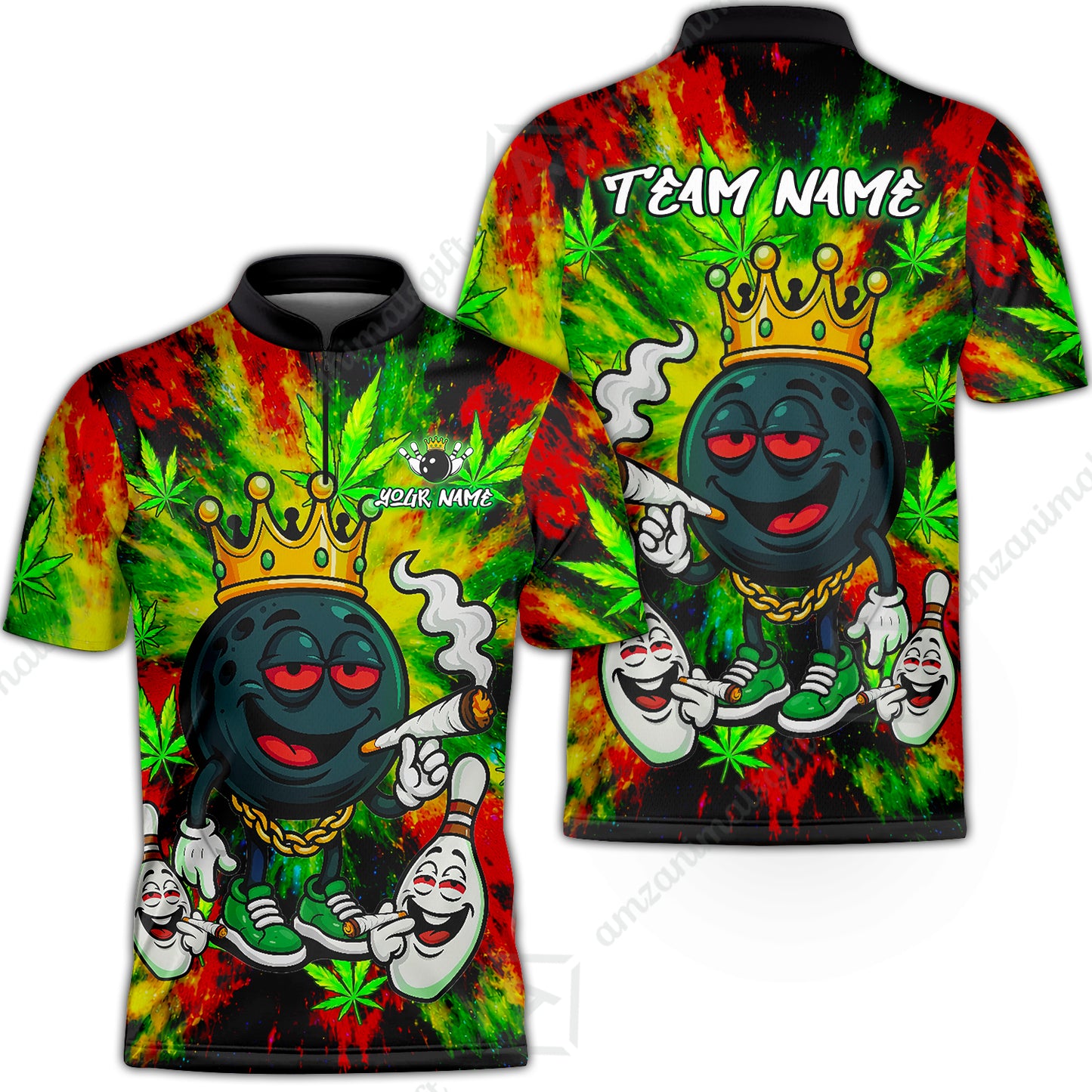 Custom Bowling Team Flat Neck Zip Jersey Shirt, King Smoke Tie-Dye Personalized Team Shirt, Custom Name and Team Name for Bowlers
