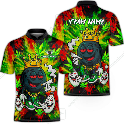 Custom Bowling Team Flat Neck Zip Jersey Shirt, King Smoke Tie-Dye Personalized Team Shirt, Custom Name and Team Name for Bowlers