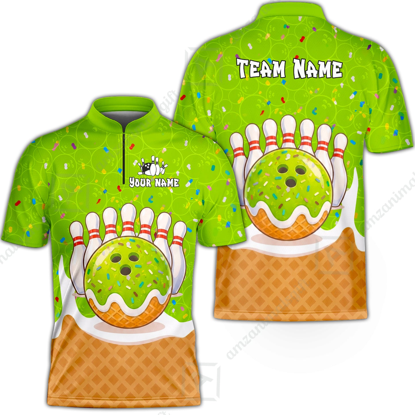 Custom Bowling Jersey Polo Shirt, Bowling Sprinkles Ice Cream Cone, Personalized Name & Team Name