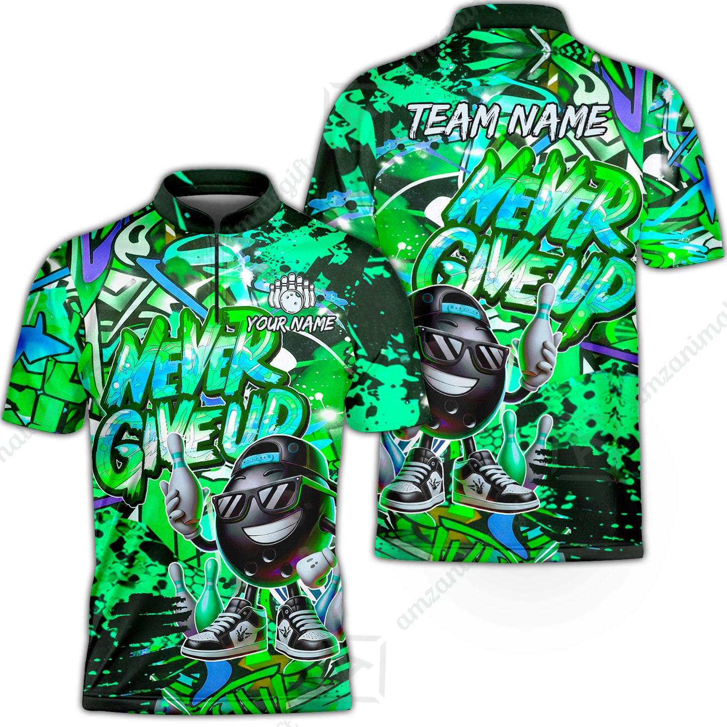 Customized Bowling Unisex Polo Shirt, Graffiti Bowling Funny Never Give Up Bowling Uniform, Personalized Name And Team Name