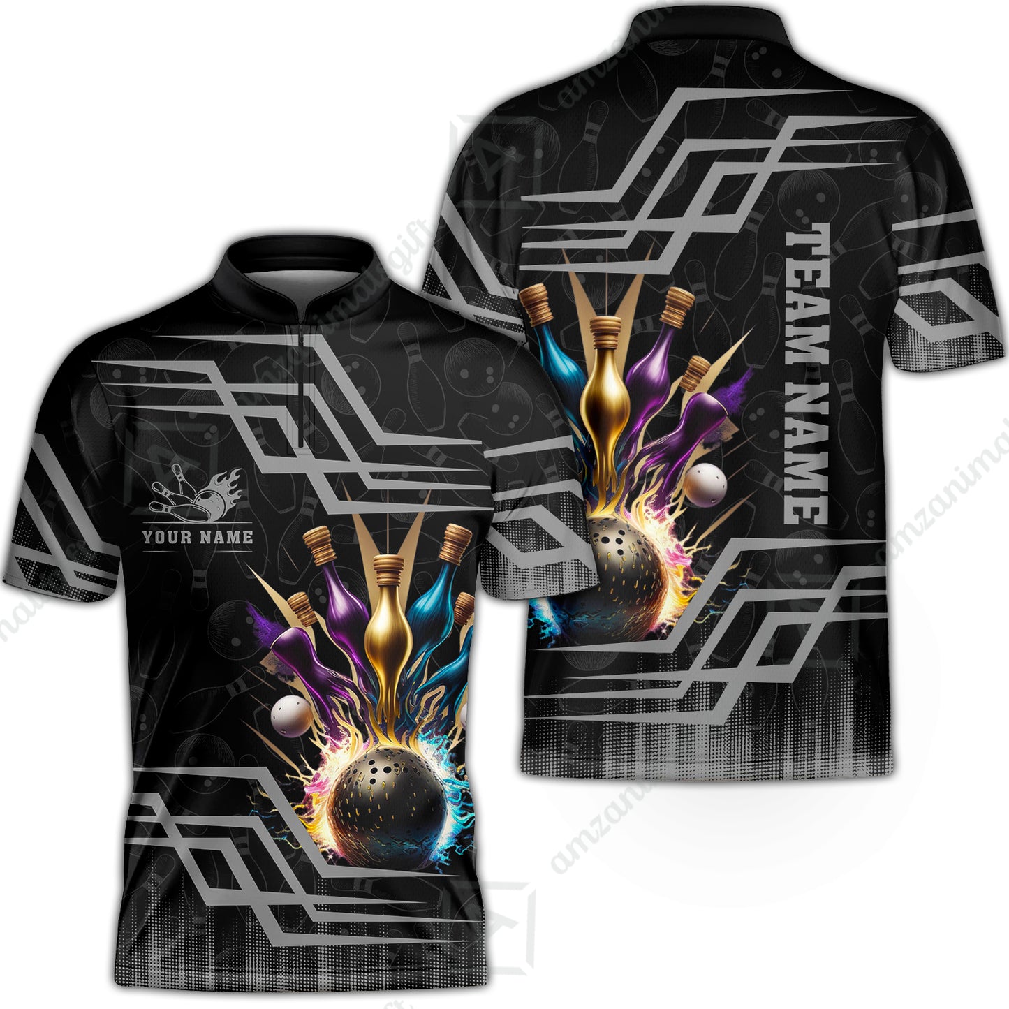 Customized Bowling Unisex Polo, Bowling And Pins Royal Multicolor Option Customized Name And Team Name For Bowling Team