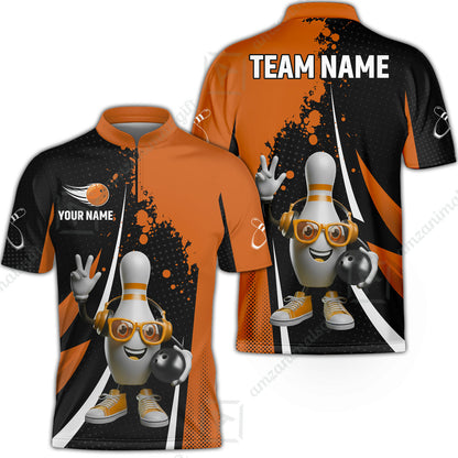 Customized Bowling Unisex Polo Shirt, Halftone Bowling Pin Wearing Headphones Sunglasses, Personalized Name And Team Name