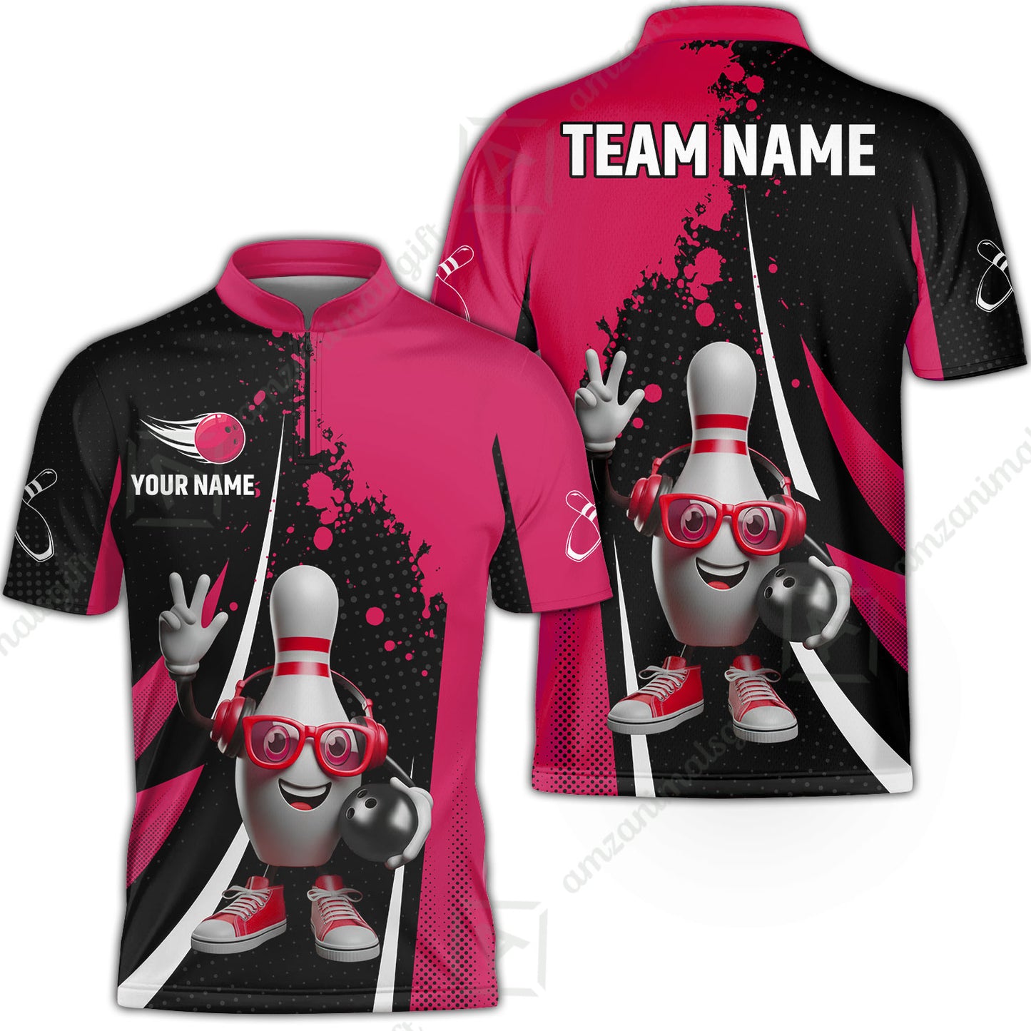 Customized Bowling Unisex Polo Shirt, Halftone Bowling Pin Wearing Headphones Sunglasses, Personalized Name And Team Name