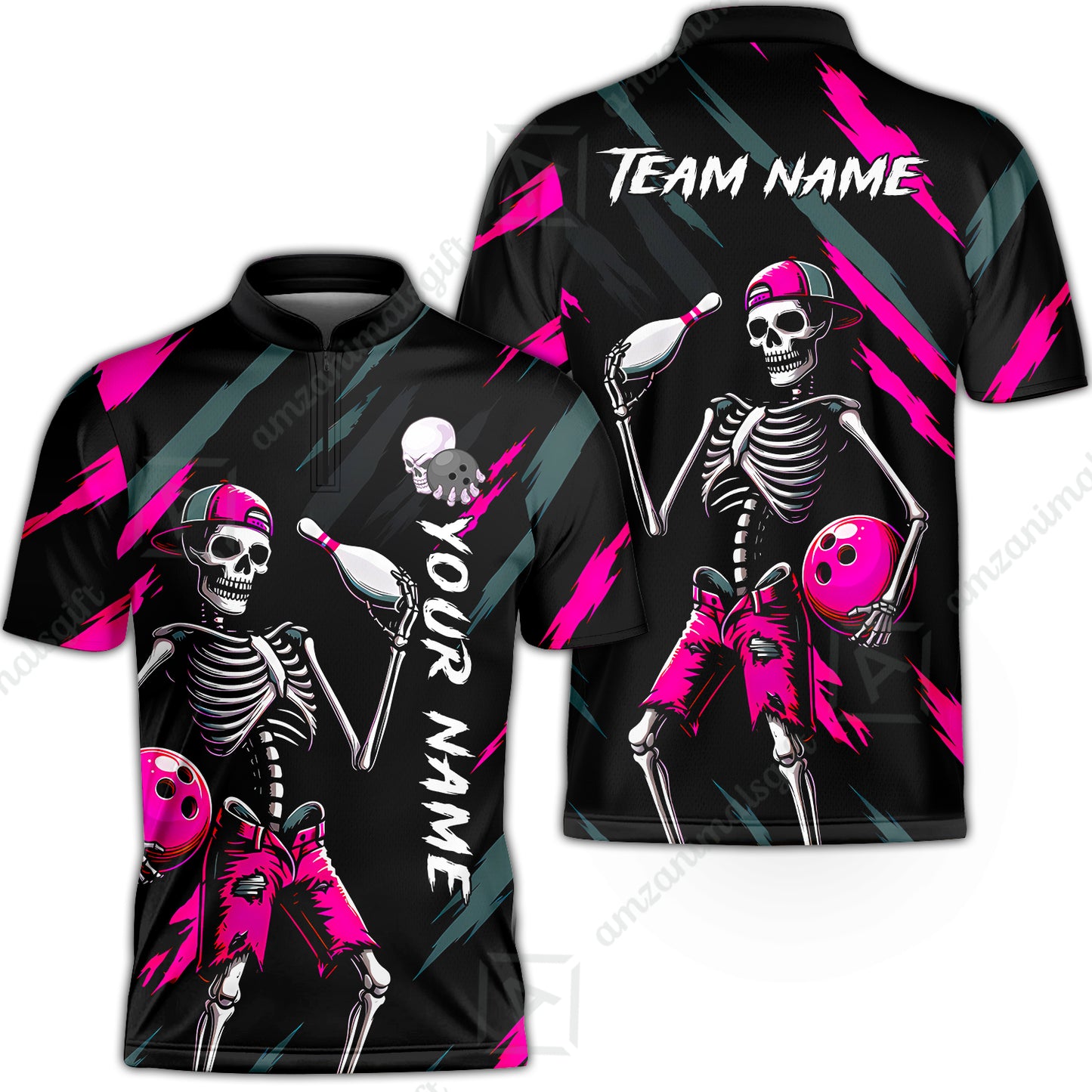 Customized Bowling Shirt, Bad Boy Skeleton Bowler, Personalized Polo Shirt For Players With Name & Team Name
