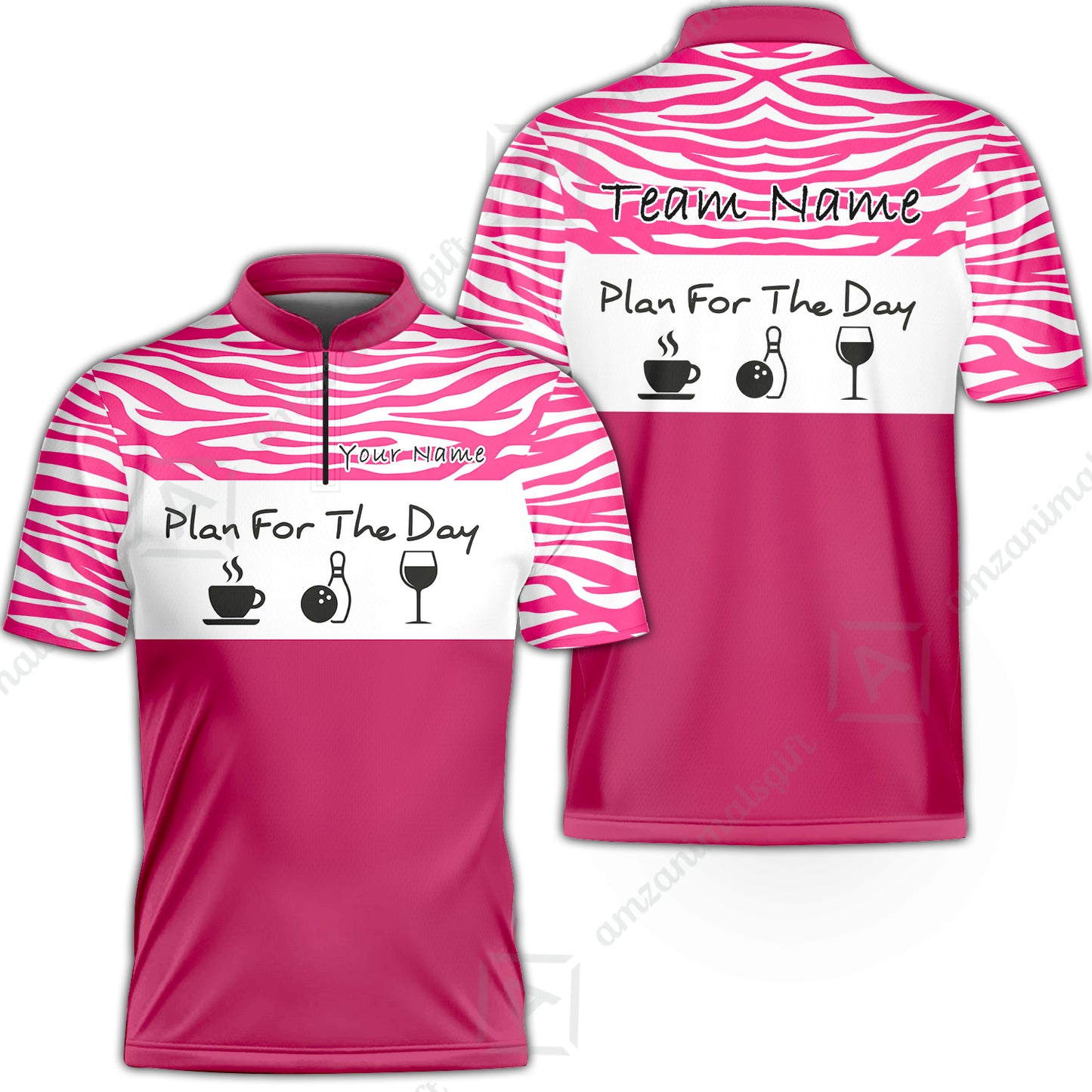 Custom Bowling Jersey Polo Shirt, Pink Zebra Pattern Bowling, Custom Bowling Jersey Team Shirt For Players With Name & Team Name
