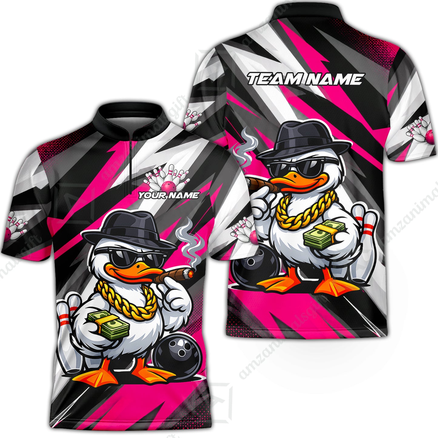 Custom Bowling Jersey Polo Shirt, Boss Hustle Duck Gangster Style, Custom Bowling Jersey Team Shirt For Players With Name and Team Name