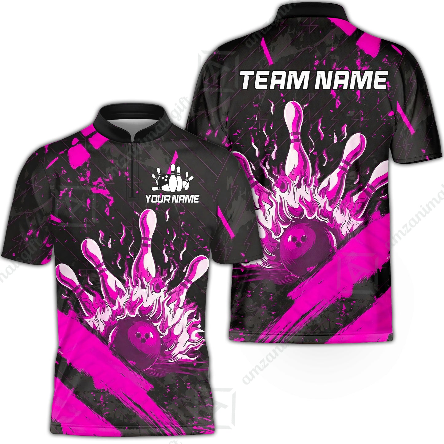 Customized Bowling Unisex Polo Shirt, Bowling And Pins Grunge Flame, Bowling Uniform - Personalized Name And Team Name