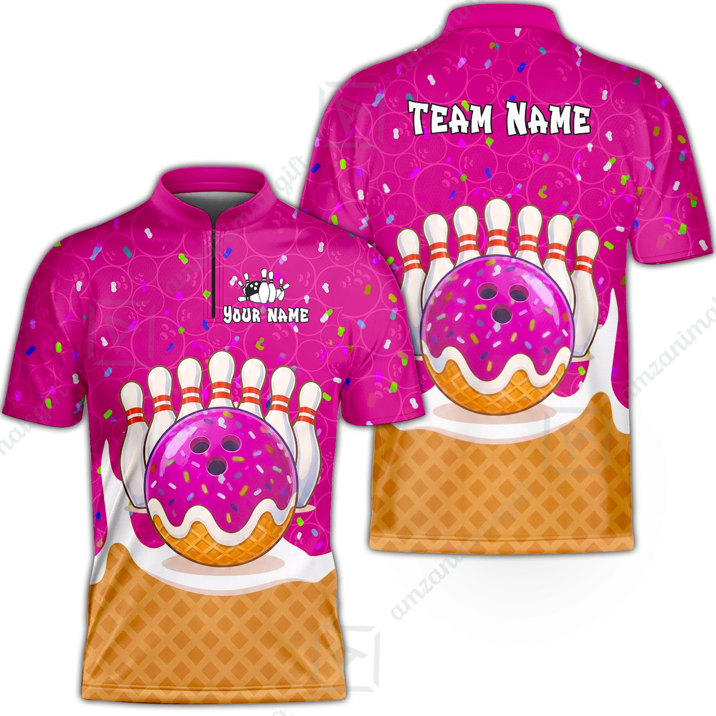 Custom Bowling Jersey Polo Shirt, Bowling Sprinkles Ice Cream Cone, Personalized Name & Team Name