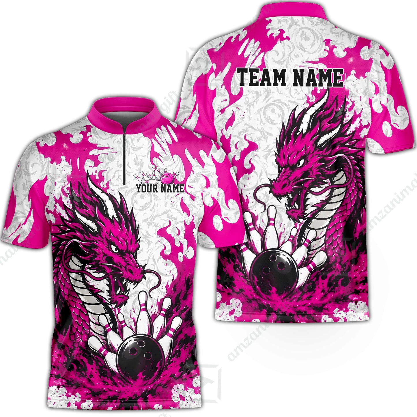Custom Bowling Jersey Polo Shirt, Fierce Crimson Fire Dragon Strike, Custom Bowling Jersey Team Shirt For Players With Name and Team Name