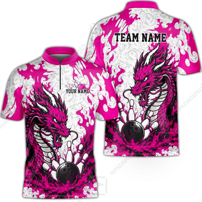 Custom Bowling Jersey Polo Shirt, Fierce Crimson Fire Dragon Strike, Custom Bowling Jersey Team Shirt For Players With Name and Team Name