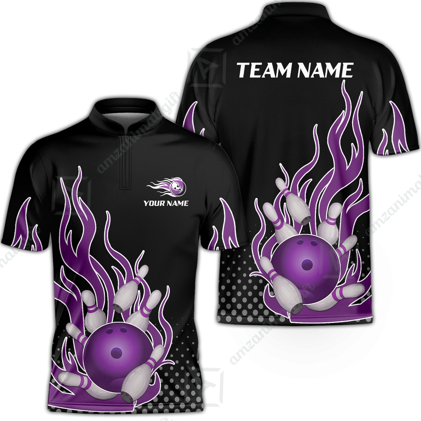 Customized Bowling Team Purple Flame Bowling Jersey, Bowling uniforms Bowling Flame Quarter-Zip Polo Shirts