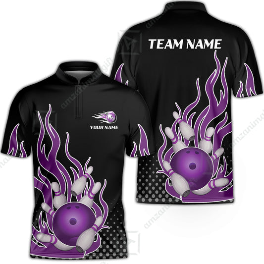 Customized Bowling Team Purple Flame Bowling Jersey, Bowling uniforms Bowling Flame Quarter-Zip Polo Shirts