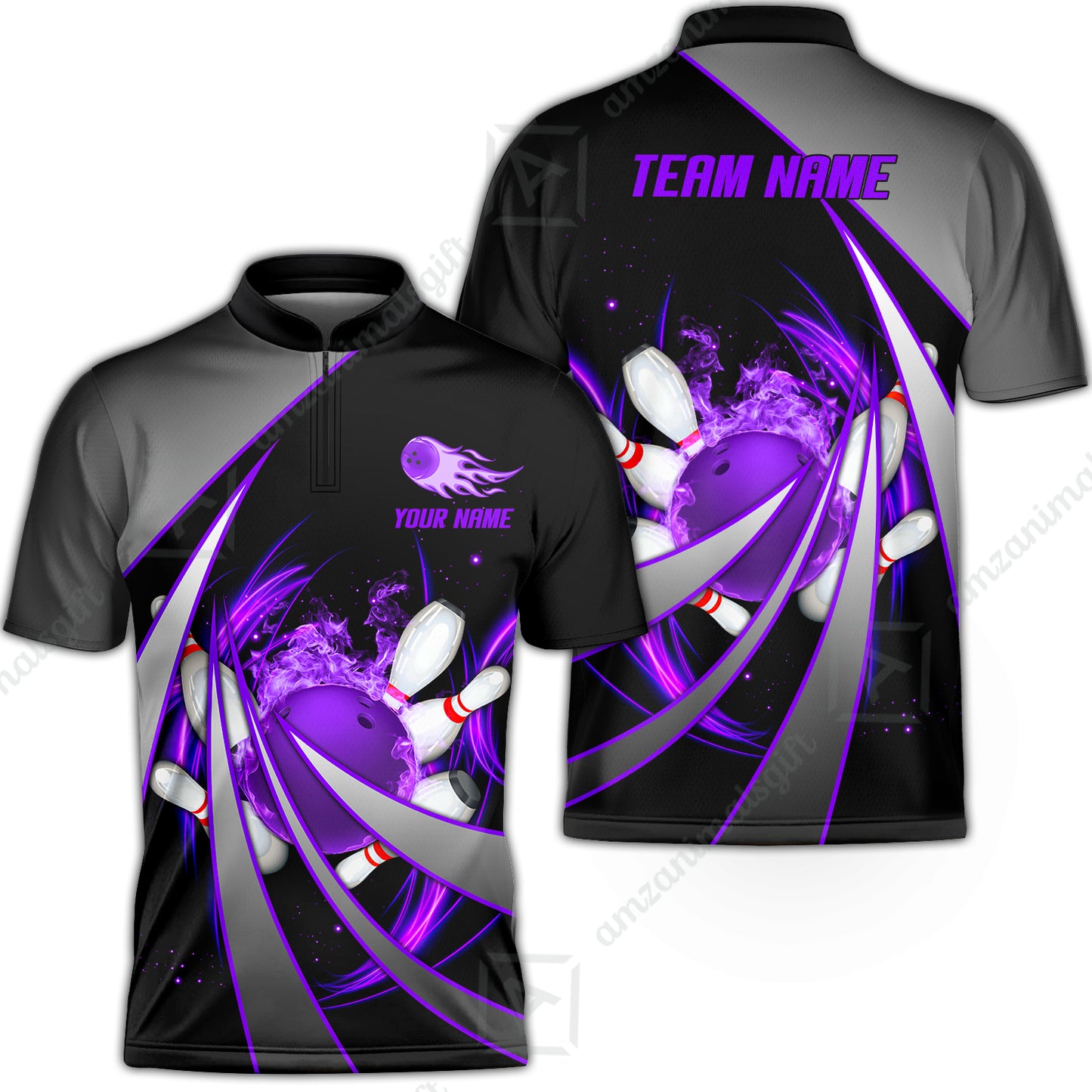 Customized Bowling Unisex Polo, Flame Bowling And Pins Tornado Pattern Multicolor Option Customized Name Zipper Polo Jerseys Shirts