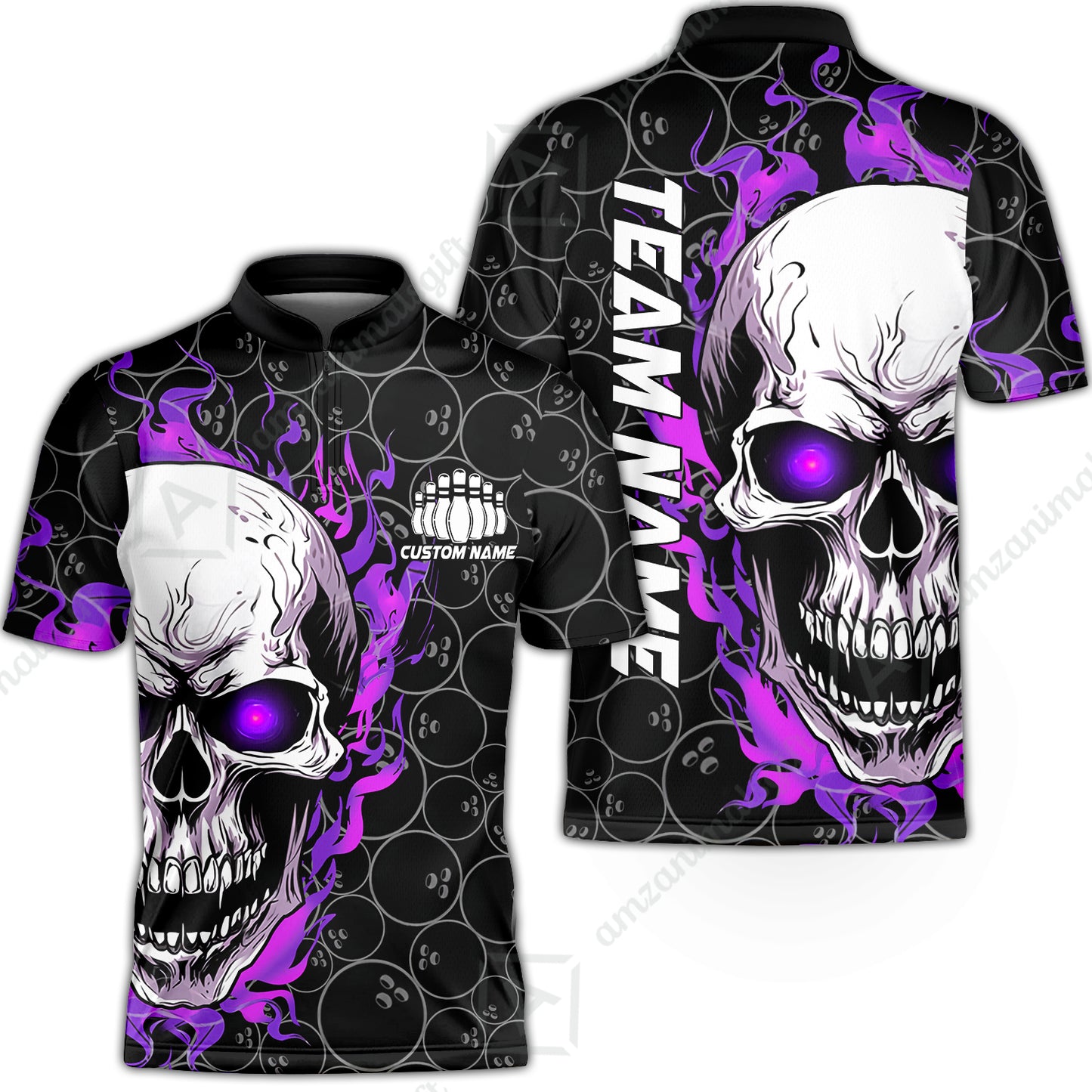 Personalized Bowling Unisex Polo Shirt, Green Flaming Skull Shirt For For Team Men Women Bowlers