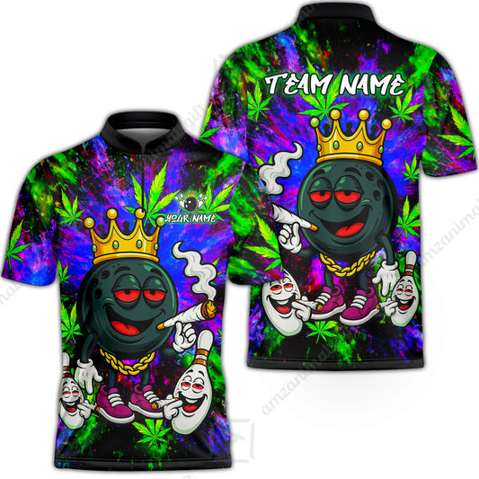 Custom Bowling Team Flat Neck Zip Jersey Shirt, King Smoke Tie-Dye Personalized Team Shirt, Custom Name and Team Name for Bowlers