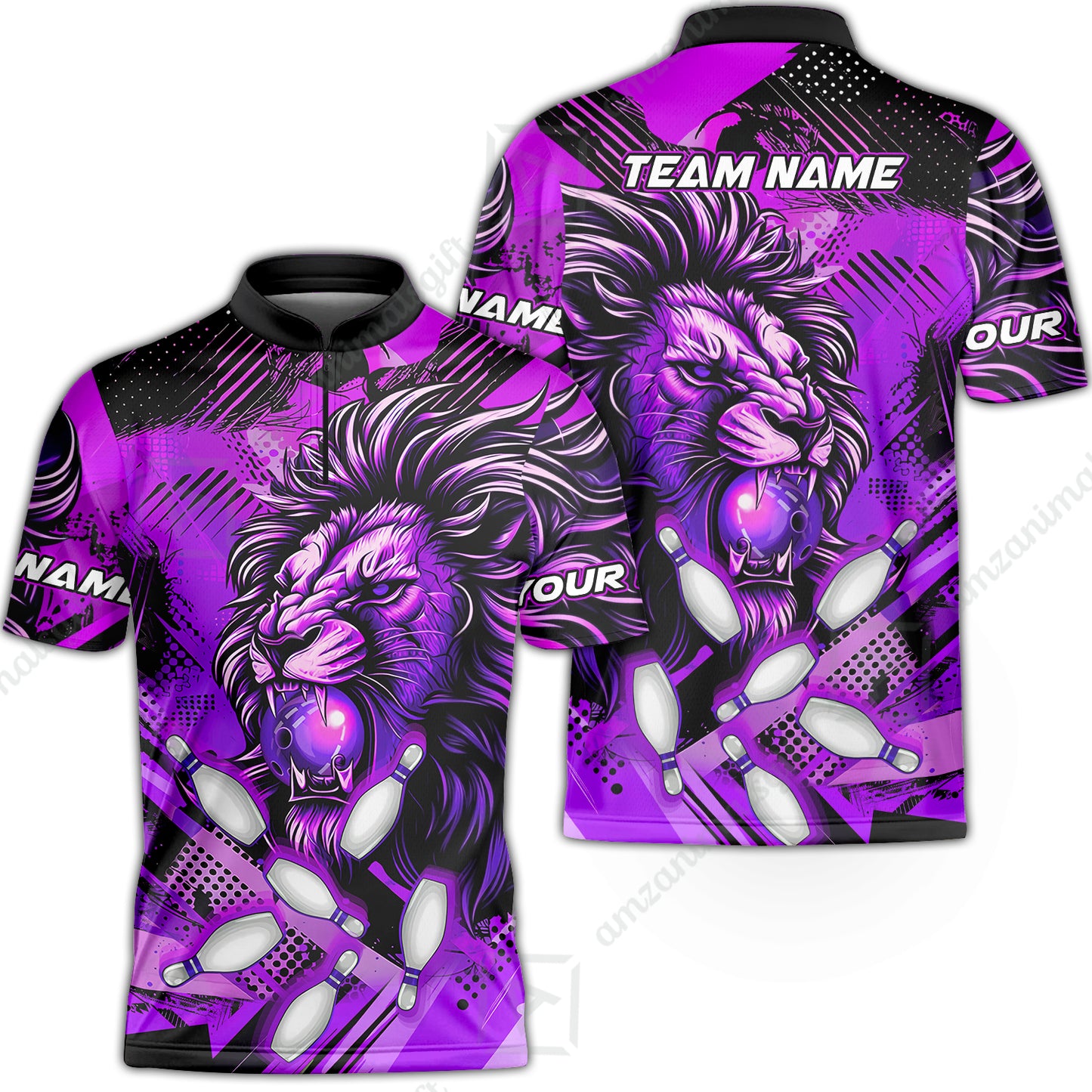 Custom Bowling Team Jerseys Shirts, Bowling uniforms Ball & Pins Lion Pattern Personalized Name And Team Name