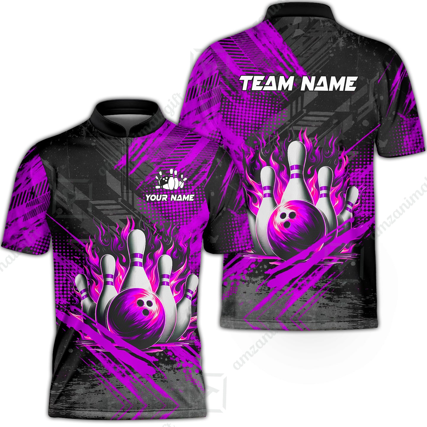 Custom Bowling Team Quarter-Zip Polo Shirt, Personalized Flame Bowling Jersey with Name & Team Name for Men & Women