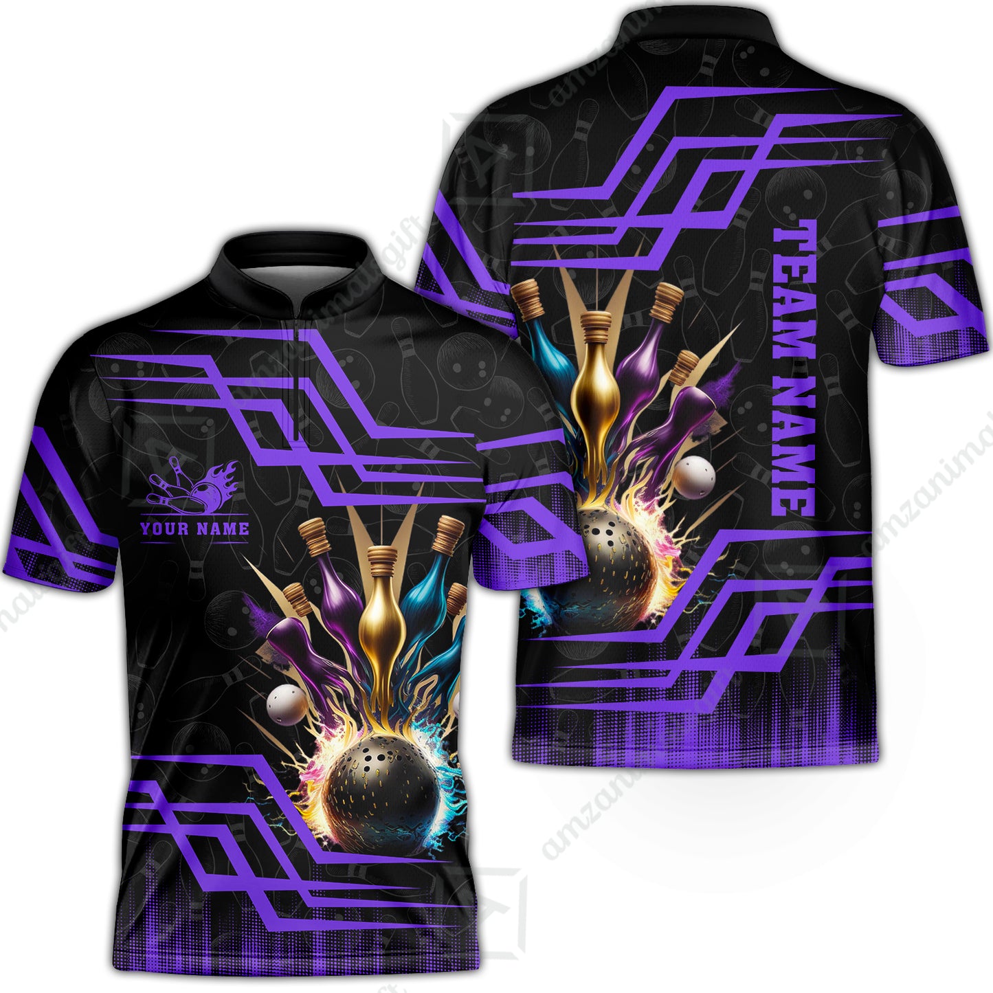 Customized Bowling Unisex Polo, Bowling And Pins Royal Multicolor Option Customized Name And Team Name For Bowling Team