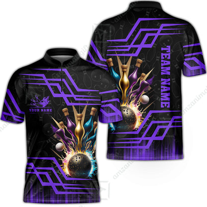 Customized Bowling Unisex Polo, Bowling And Pins Royal Multicolor Option Customized Name And Team Name For Bowling Team