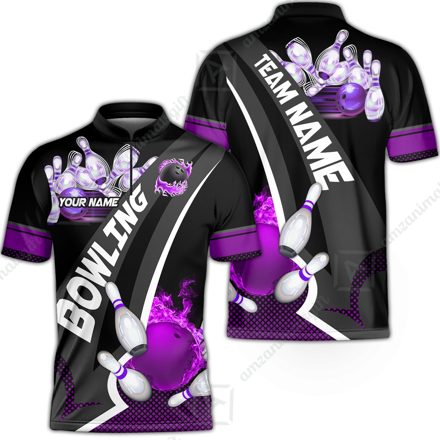 Customized Bowling Polo, Bowling And Pins Plame Premium Multicolor Option Personalized Name And Team Zipper Polo Jerseys Shirts