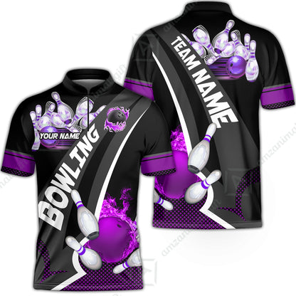 Customized Bowling Polo, Bowling And Pins Plame Premium Multicolor Option Personalized Name And Team Zipper Polo Jerseys Shirts